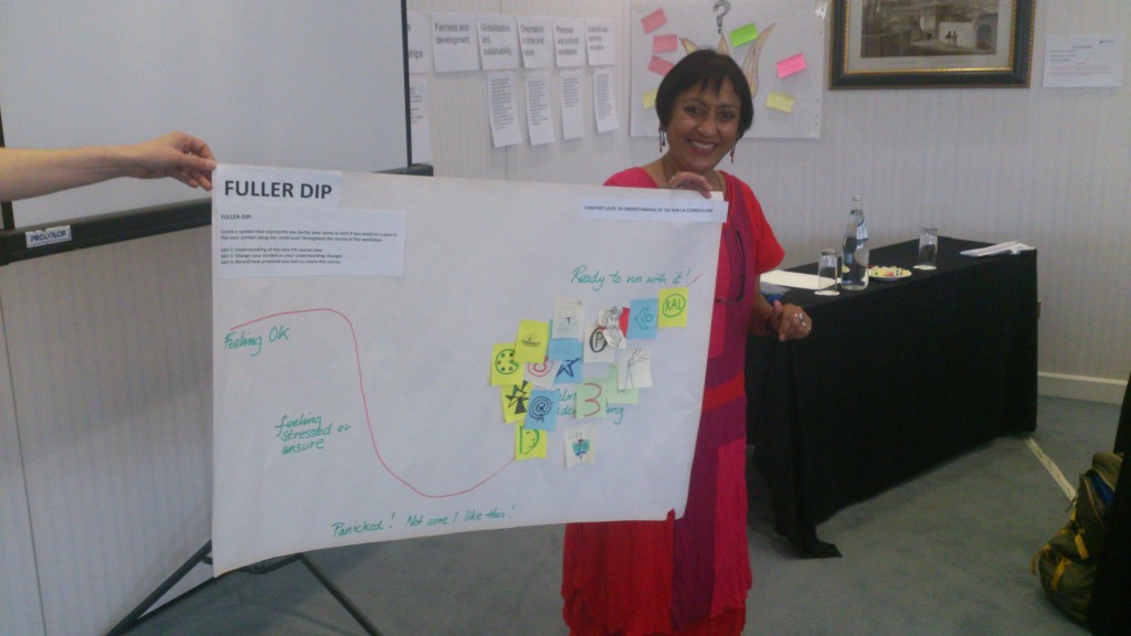 Ramila Patal, facilitadora de Artes Visuales, muestra un gráfico sobre la experiencia de los participantes.