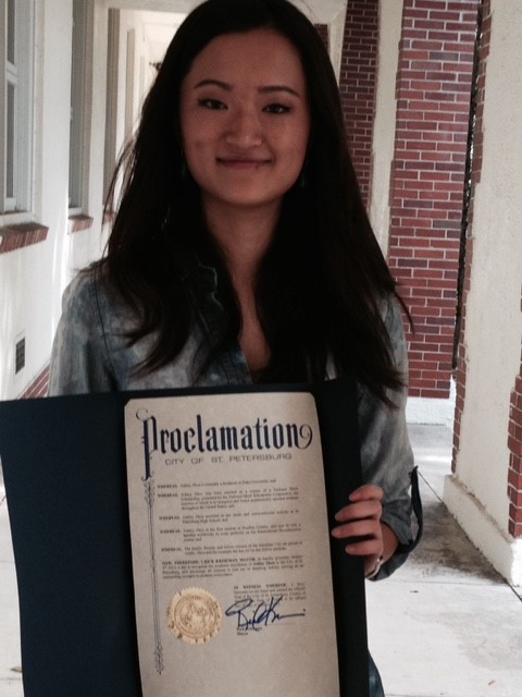 5 January 2016 was Ashley Zhou day in St Petersburg, Florida, USA – a day proclaimed by the city’s mayor to highlight and encourage academic excellence