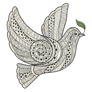 Stylized dove with olive branch style zentangle on a white background.