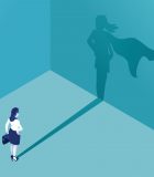 Speaking up for yourself Businesswoman with superhero shadow vector concept. Isometric Eps10 vector illustration. Business symbol of emancipation ambition success motivation leadership courage and challenge.