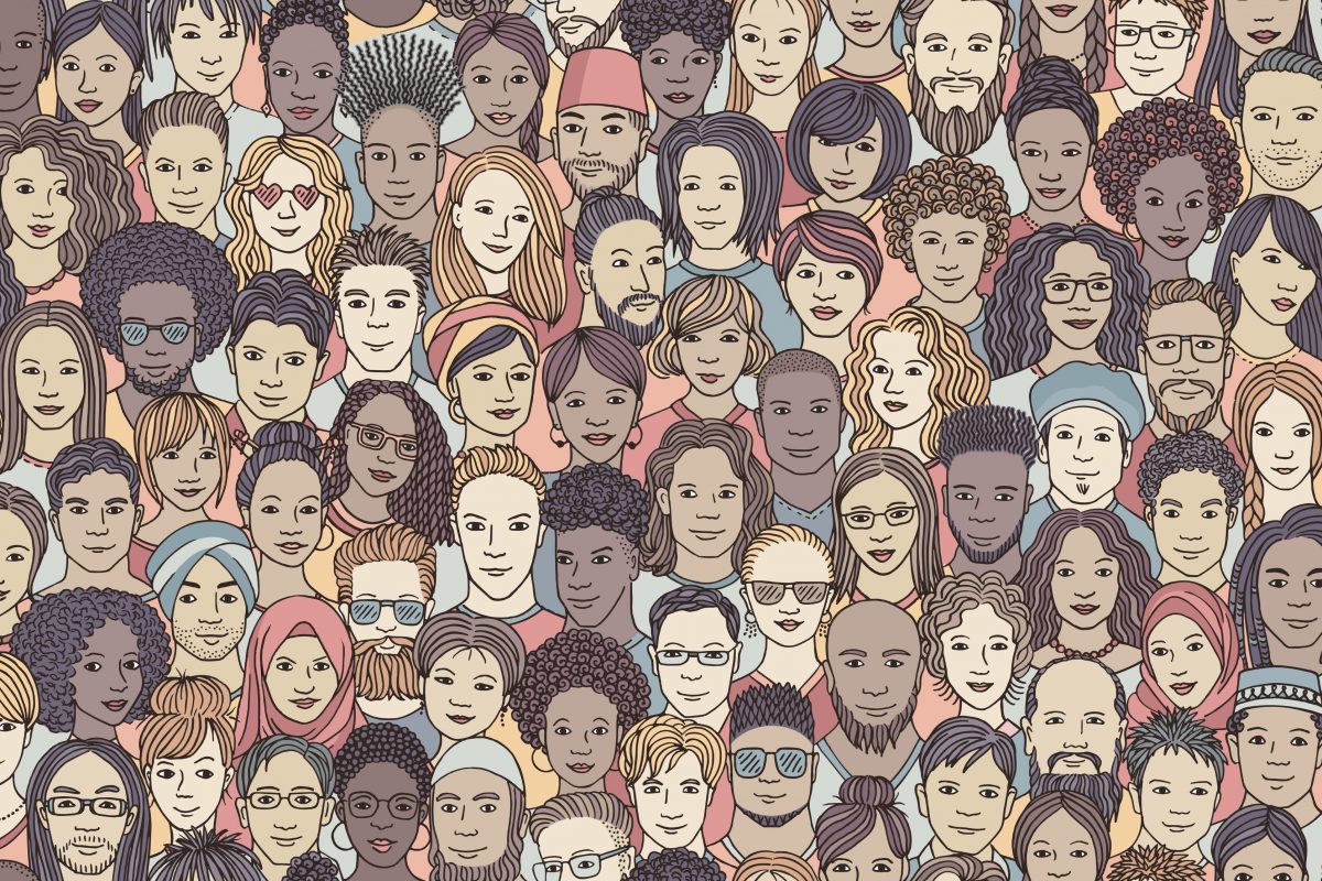 Diverse people banner Diverse crowd of people - seamless banner of 100 different hand drawn faces of various ethnicities