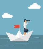 Four routes to developing a mentorship as a student Vision business concept. Successful businesswoman standing on paper ship looking in telescope, seeing future. Vector design. Spyglass in hand. Search solution. Forward looking person. Miniature people