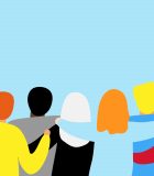 Faire front ensemble : le pouvoir de dépendre les uns des autres en toute indépendance Friends forever. Friendly group of people stand and hugging together with their backs. Bright colored illustration for event celebration Greeting card Startup business Web banner. EPS10 vector