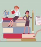 Three IB graduates share why they chose a career in education Teachers group at giant books. School or college workers with professional discipline tools, university staff poster. Science and education concept. Vector flat style cartoon illustration