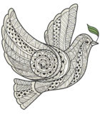 Stylized dove with olive branch style zentangle on a white background.