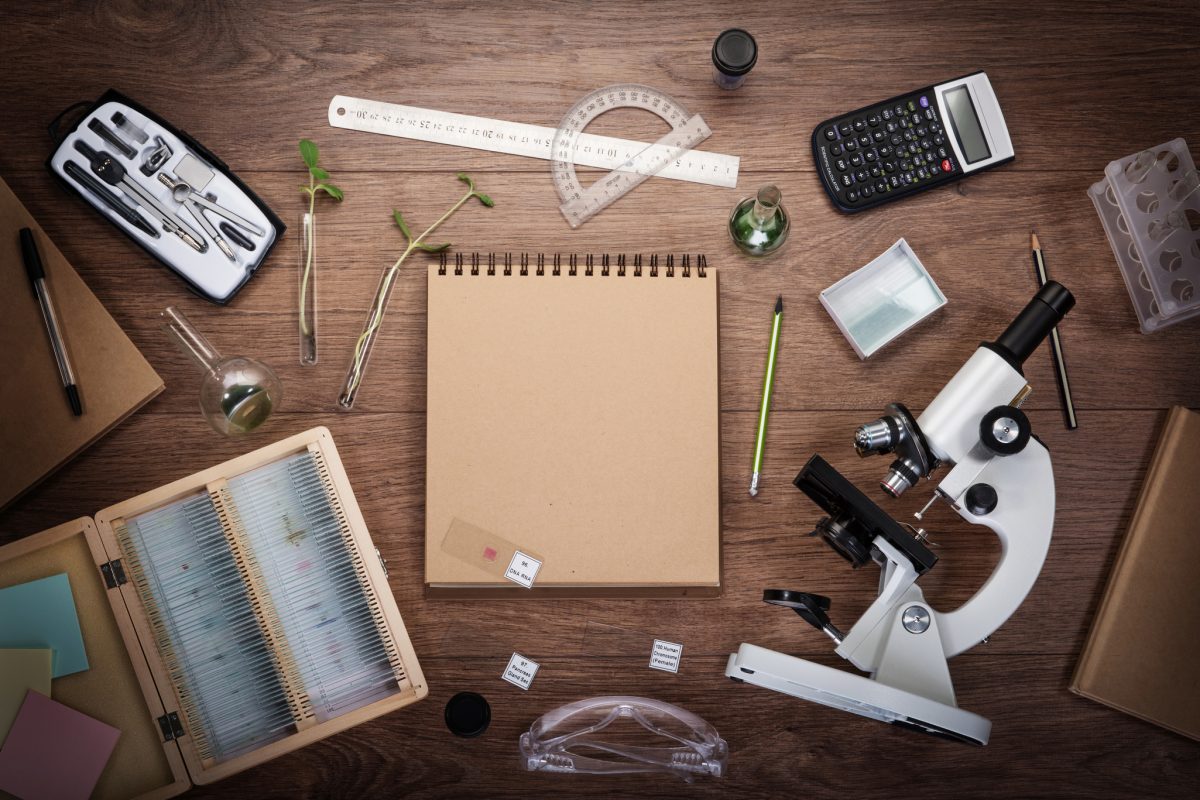 Scientific accessories on the table. Education and science concept.