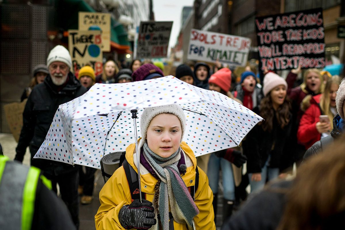 16 year old Greta Thunberg participating in the climate strike march in Sweden - Credits: ontus Lundahl/Agence France-Presse — Getty Images
