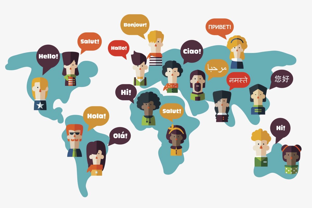 Set of social people on World map with speech bubbles in different languages. Male and female faces avatars. Communication, chat, assistance, interpretation and people connection vector concept