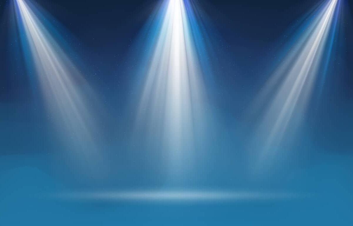 Background with fog spotlight. Illuminated blue smoky scene. Background for displaying products. Bright beams of spotlights, shimmering glittering particles, a spot of light. Vector illustration