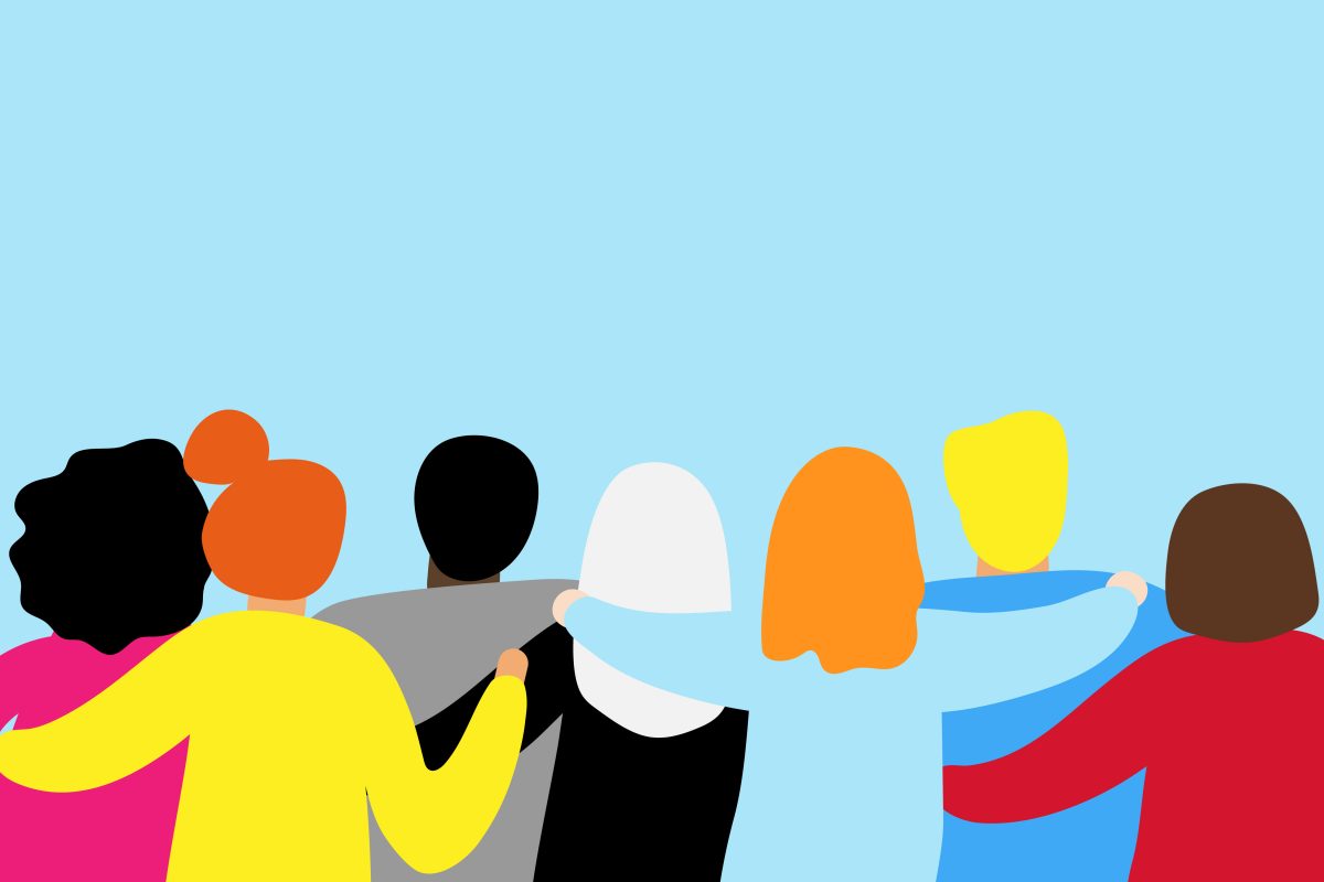 Friends forever. Friendly group of people stand and hugging together Friends forever. Friendly group of people stand and hugging together with their backs. Bright colored illustration for event celebration Greeting card Startup business Web banner. EPS10 vector