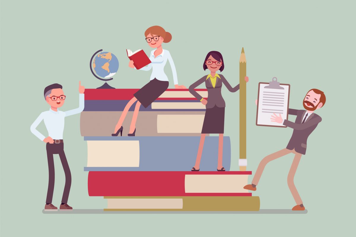 Teachers group at giant books. School or college workers with professional discipline tools, university staff poster. Science and education concept. Vector flat style cartoon illustration