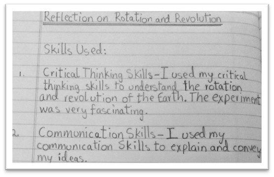Student reflection on the skill used after the engagement on rotation and revolution of the Earth